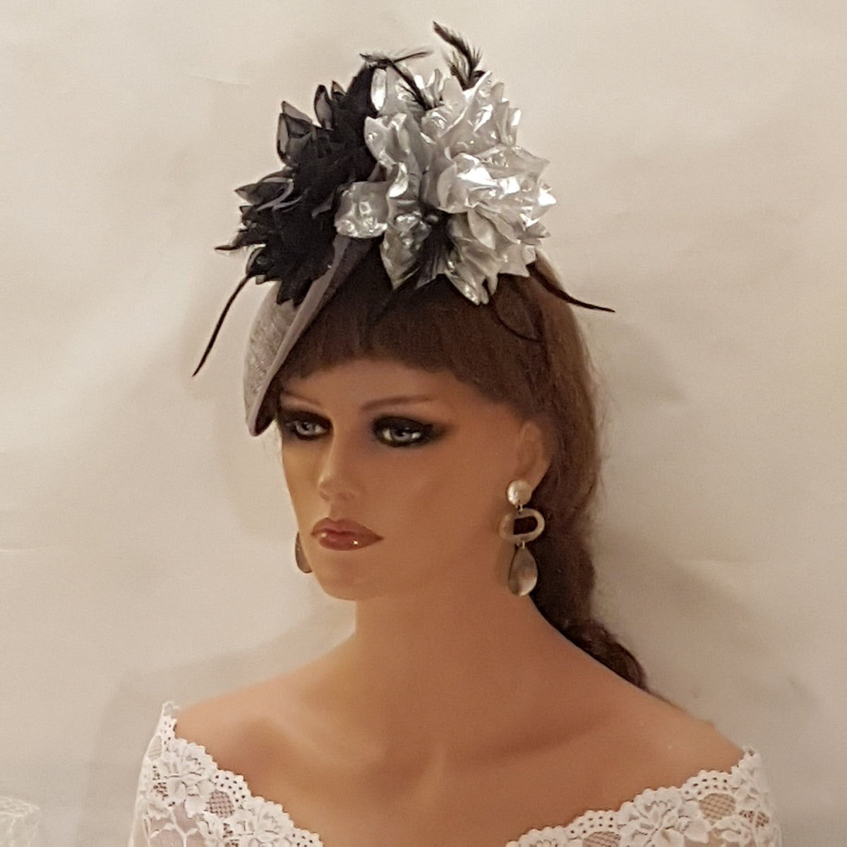 Silver Grey Fascinator Hat: Black Feather Flower, Race Day Ascot