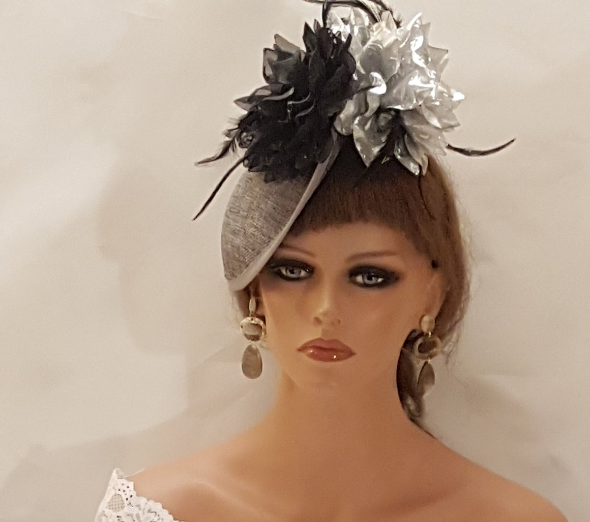 Silver Grey Fascinator Hat: Black Feather Flower, Race Day Ascot
