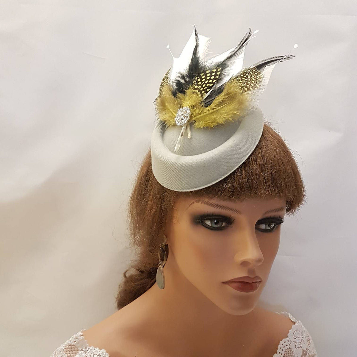 White Feather Fascinator Hat: Mustard Gold & Black, Ascot Race Headpiece