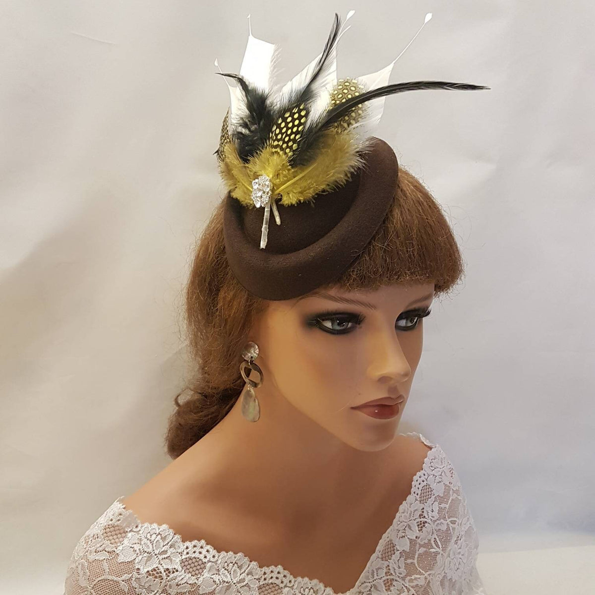 Brown Feather Fascinator Hat: Mustard, Gold, Black, White - Ascot, Wedding