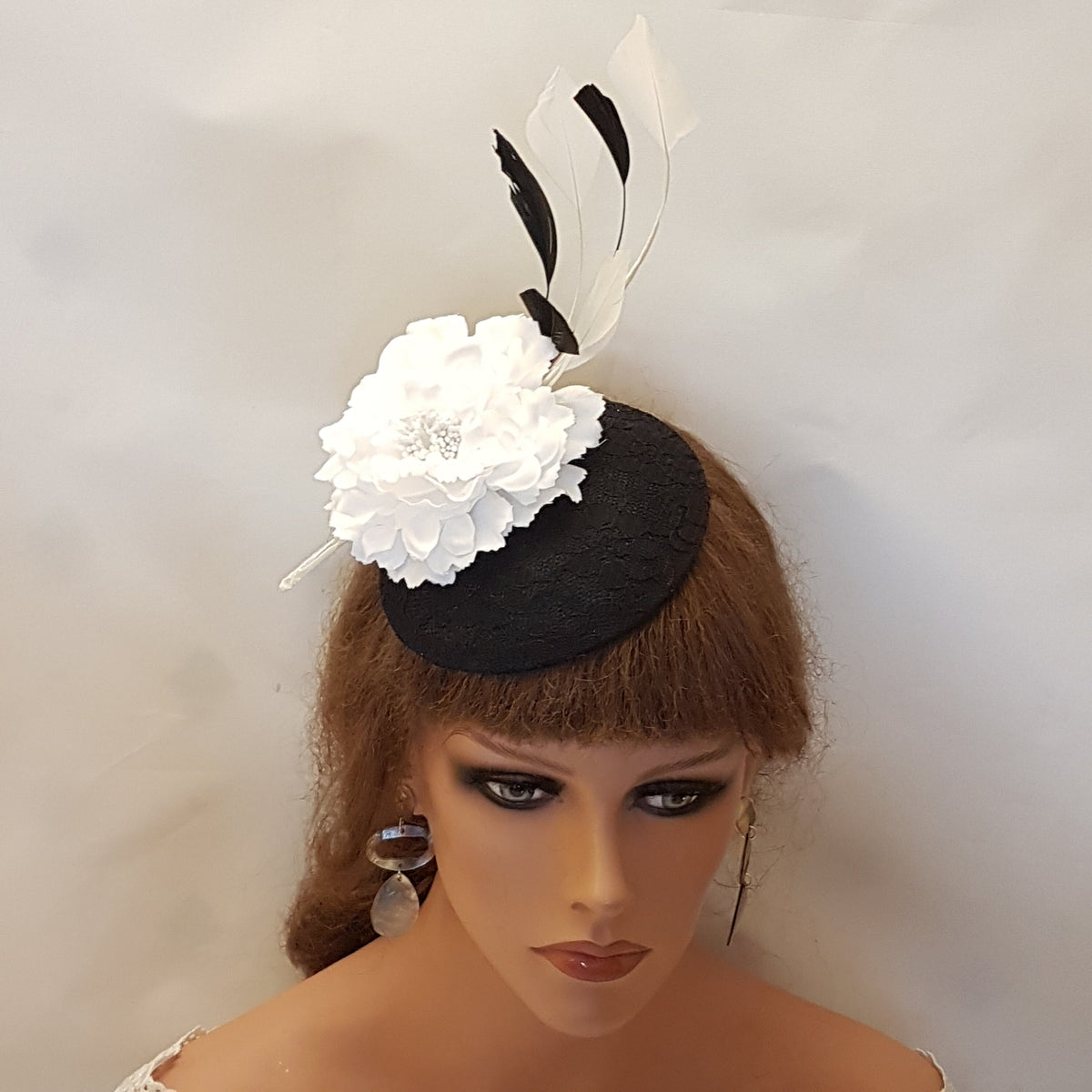 Black Lace Fascinator Hat: White Flower & Feathers, Ascot Hatinator