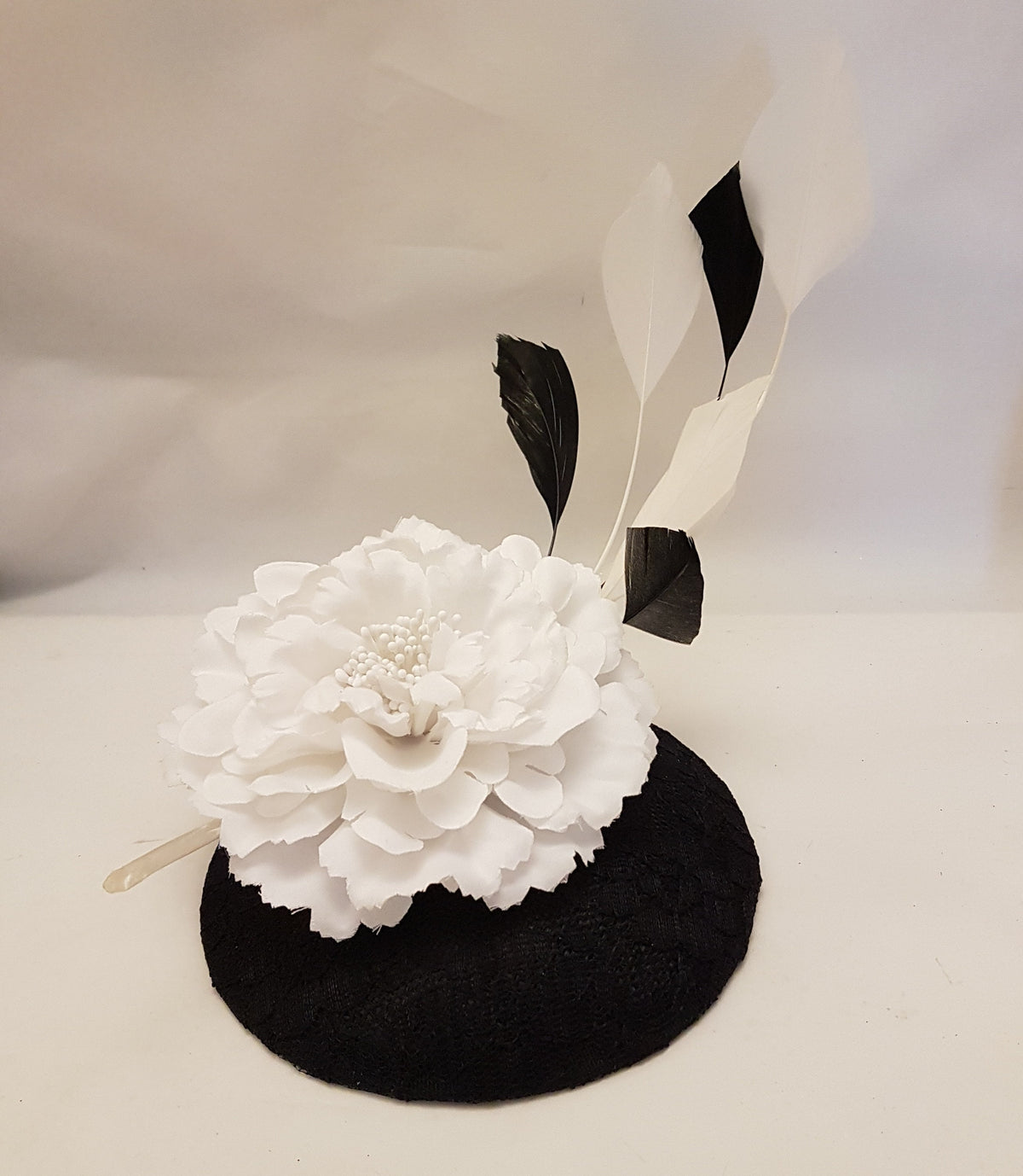 Black Lace Fascinator Hat: White Flower & Feathers, Ascot Hatinator