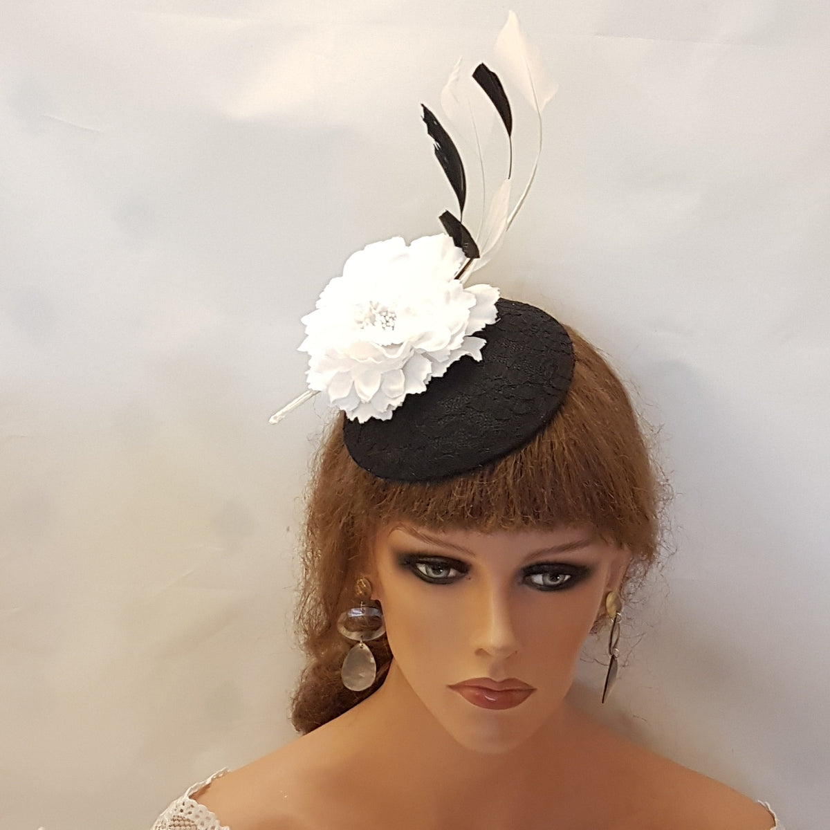 Black Lace Fascinator Hat: White Flower & Feathers, Ascot Hatinator
