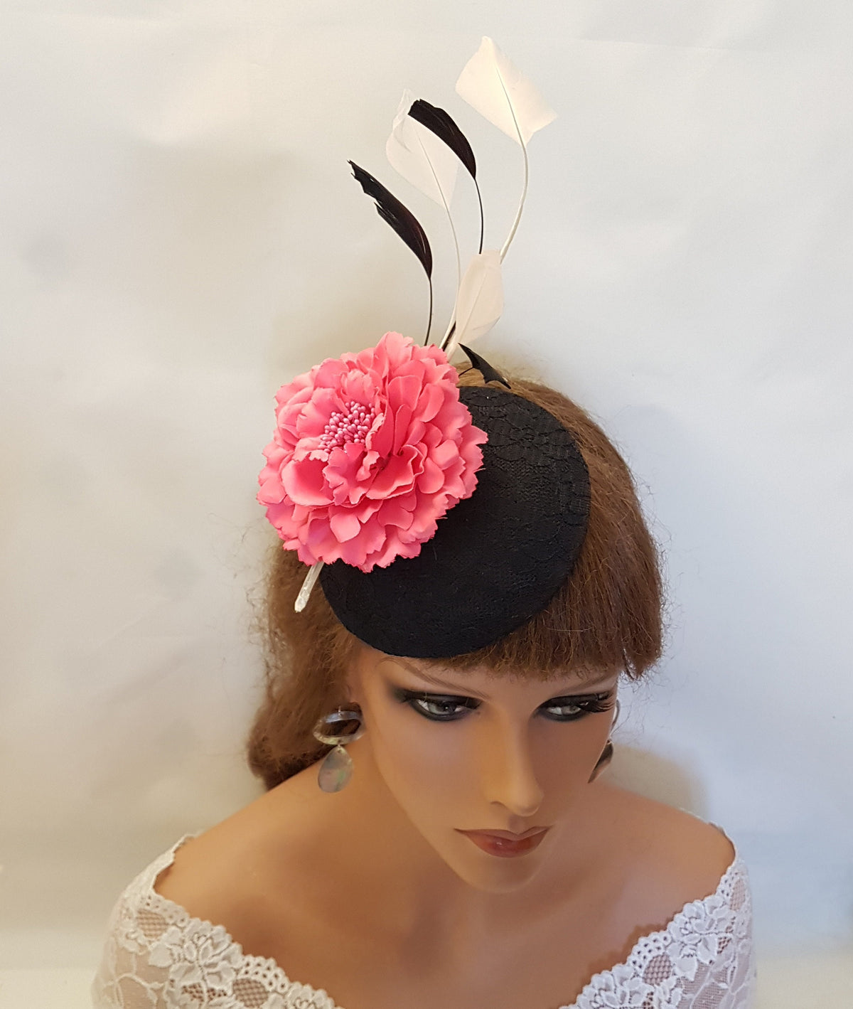 Black Lace Fascinator Hat: Hot Pink Flower, Feather Ascot Hatinator