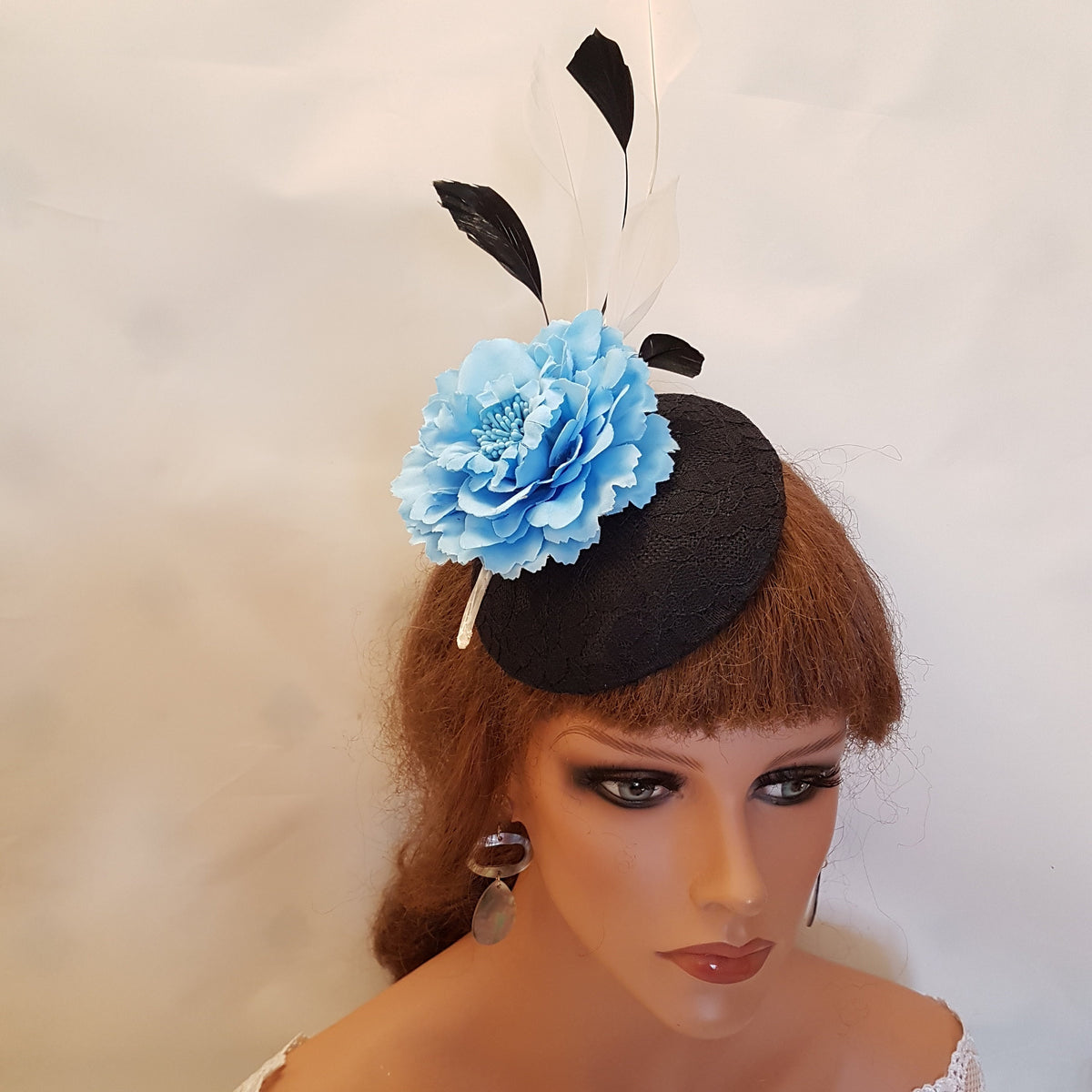 Black Lace Fascinator Hat with Blue Flower & Feathers