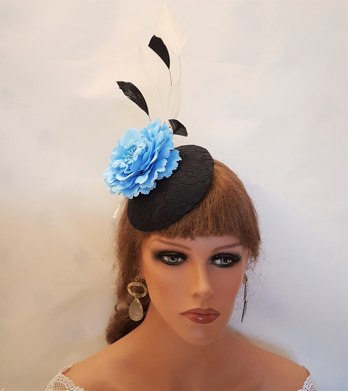 Black Lace Fascinator Hat with Blue Flower & Feathers