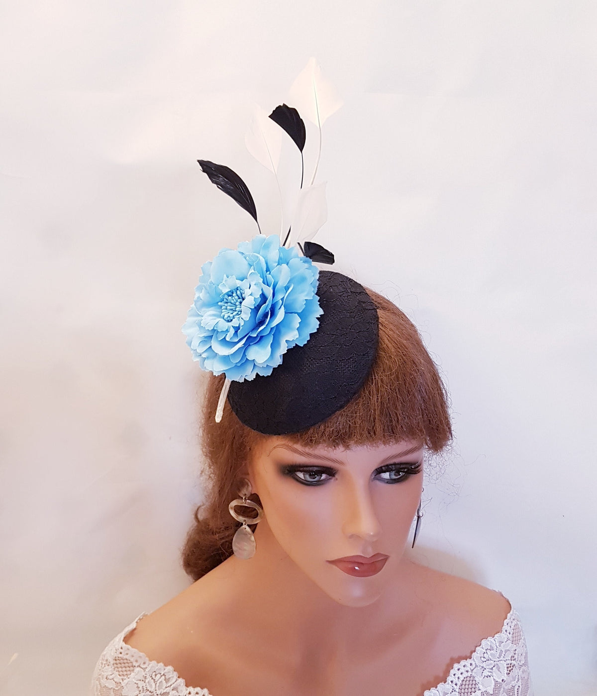 Black Lace Fascinator Hat with Blue Flower & Feathers