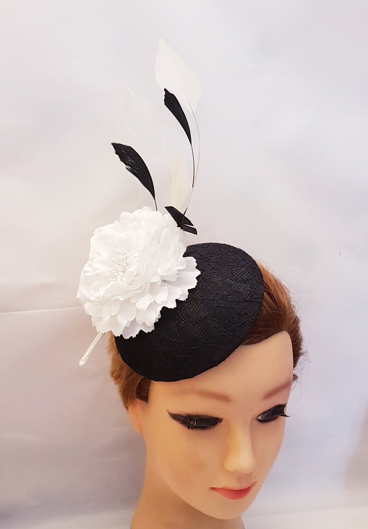 Black Lace Fascinator Hat: White Flower & Feathers, Ascot Hatinator