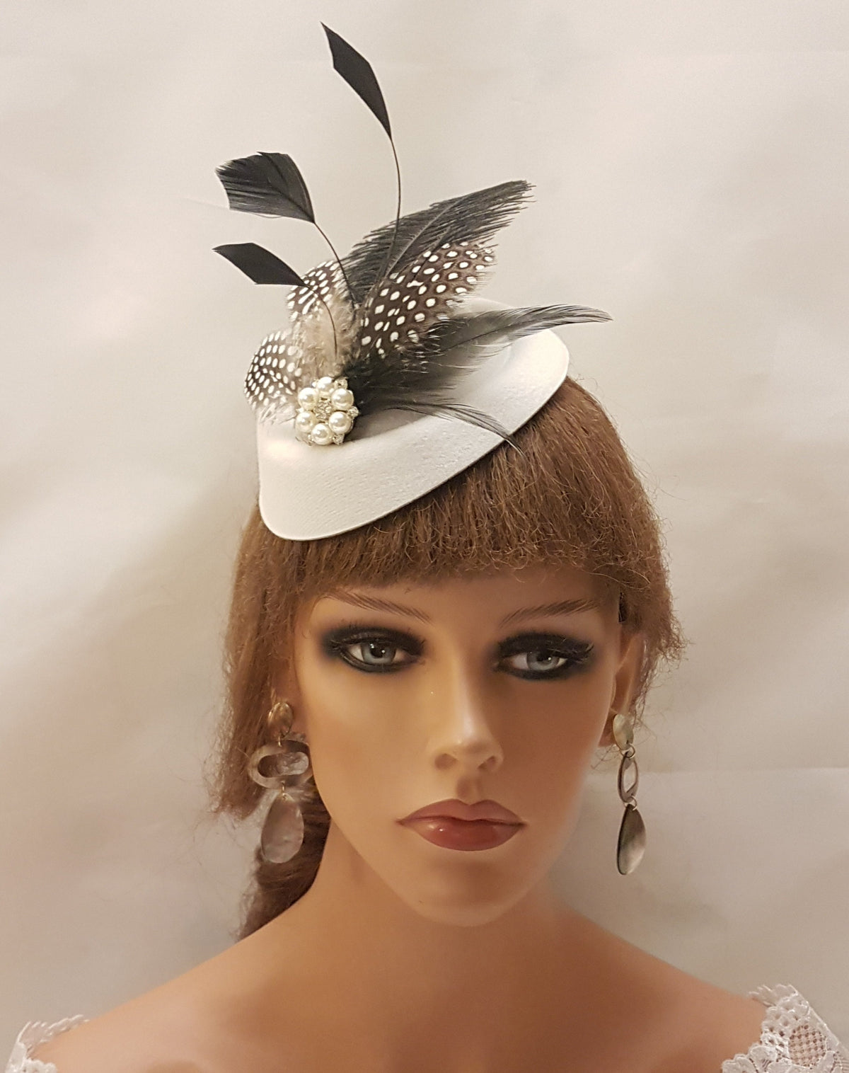 White Pillbox Hat Fascinator, Ostrich Feather Pearl Accent, Handmade