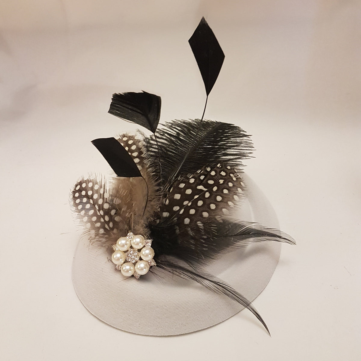 White Pillbox Hat Fascinator, Ostrich Feather Pearl Accent, Handmade