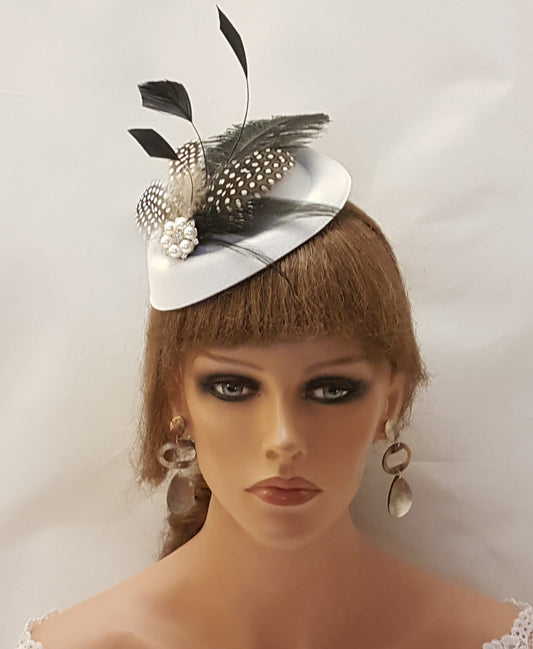 White Pillbox Hat Fascinator, Ostrich Feather Pearl Accent, Handmade