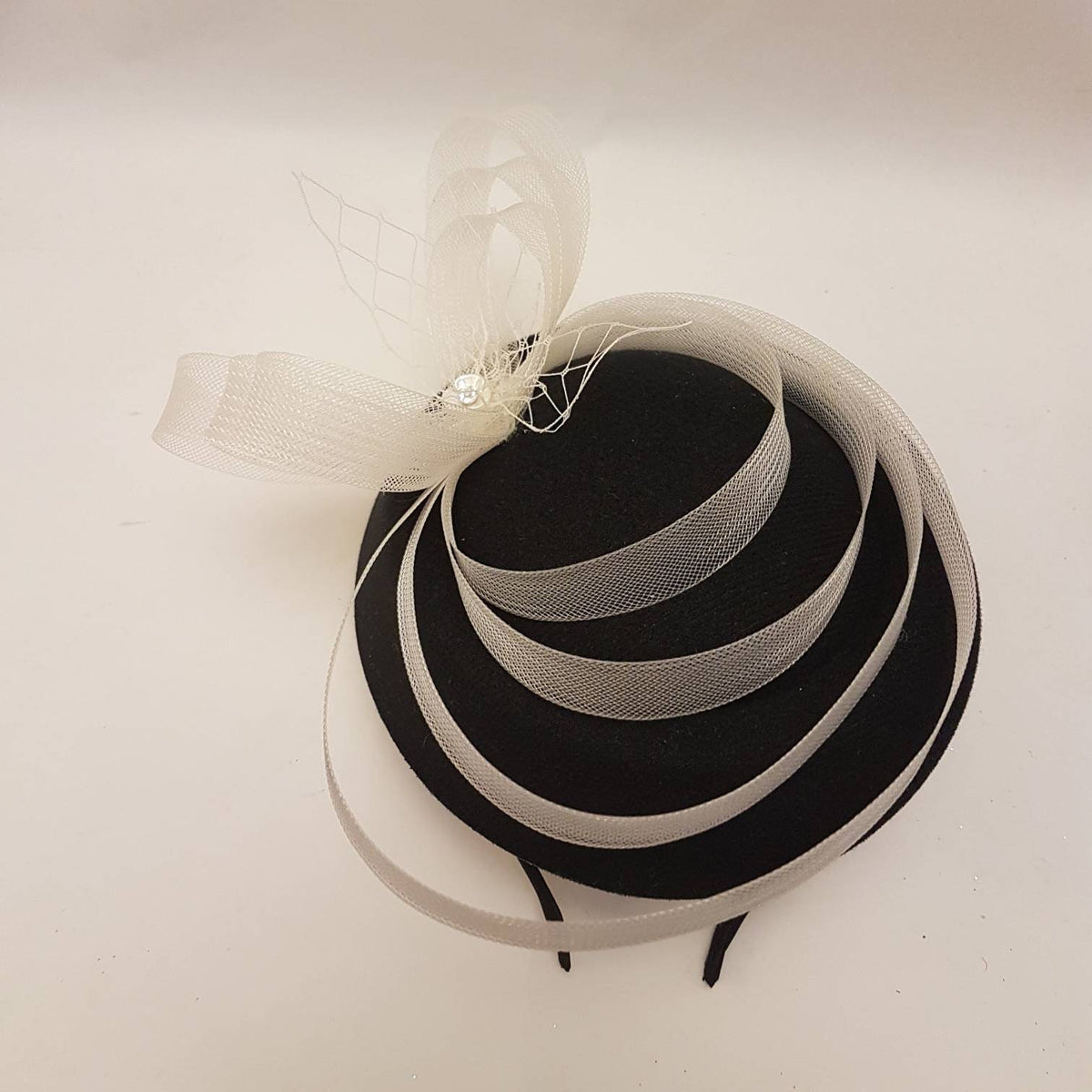 Black Felt Pillbox Fascinator: Ivory Crin Loops, French Netting