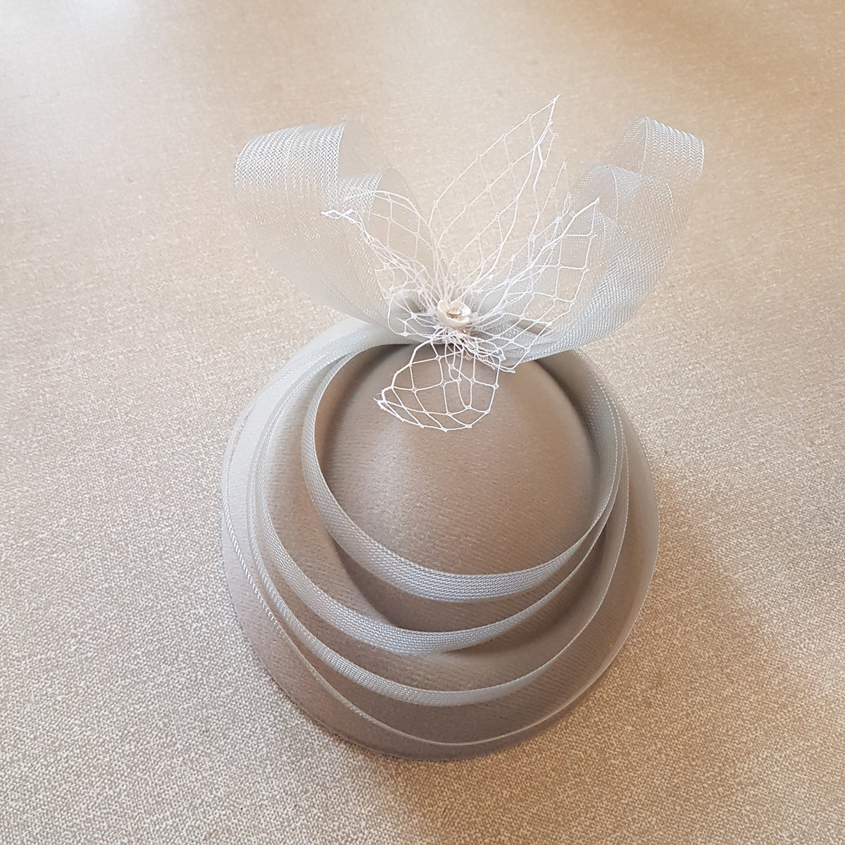 Silver Grey Fascinator Hat, Felt Pillbox, Crinoline Bow, Wedding Ascot Derby