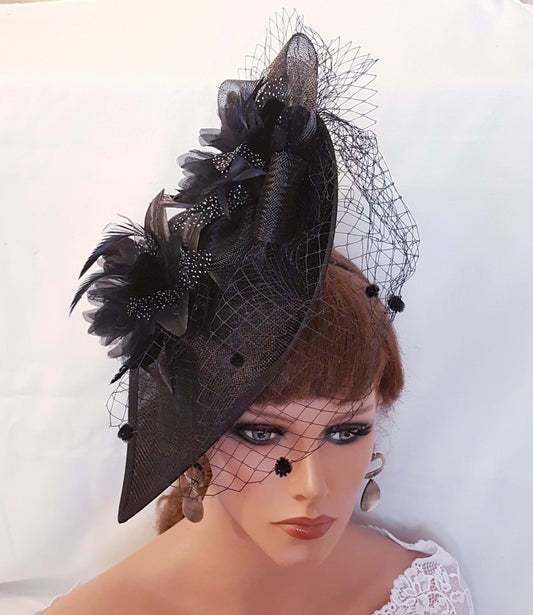 Black Fascinator Hat: Silk Flower Feather Ascot Hatinator