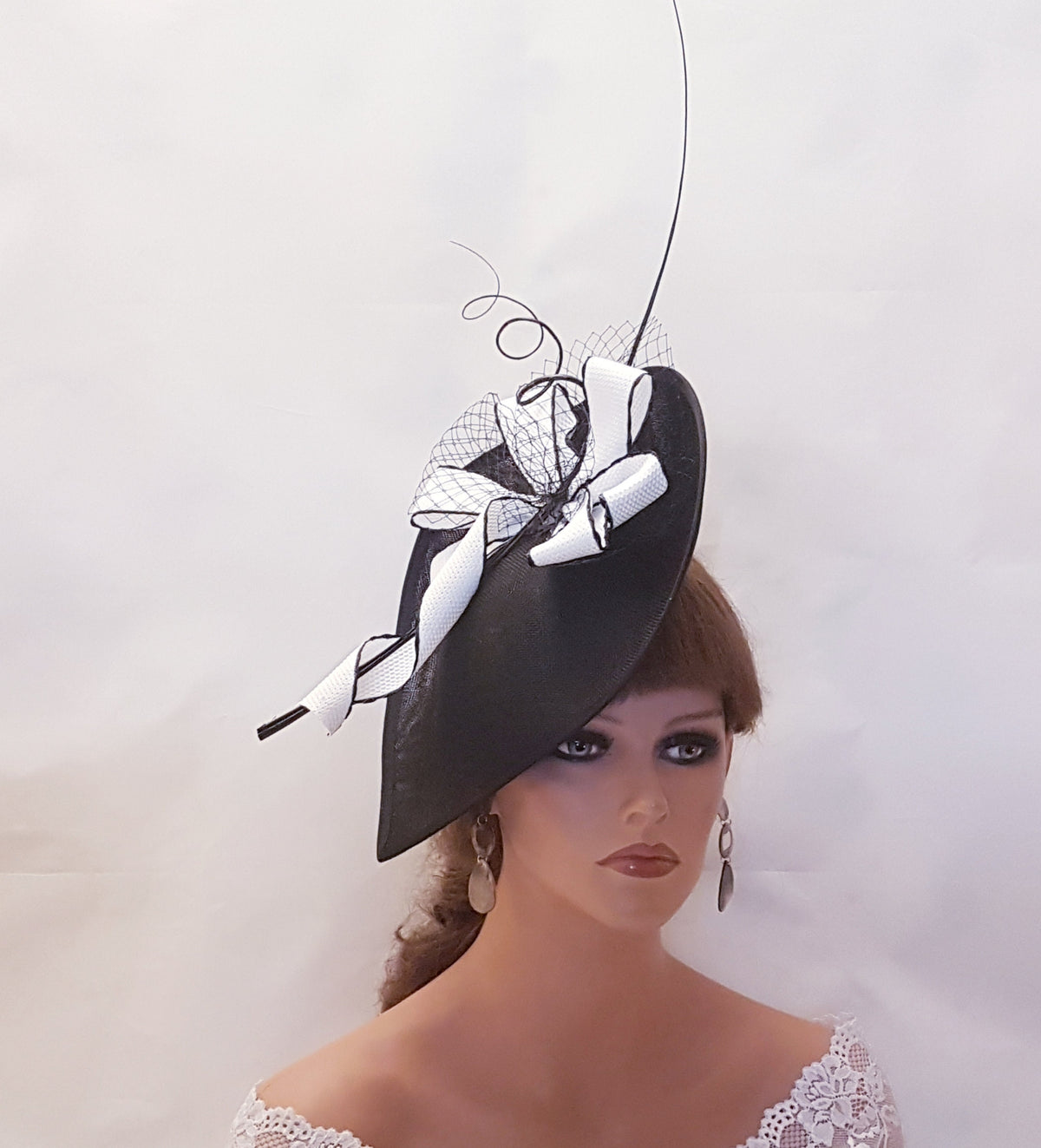 Black & White Teardrop Fascinator Hat, Wedding Ascot Occasion