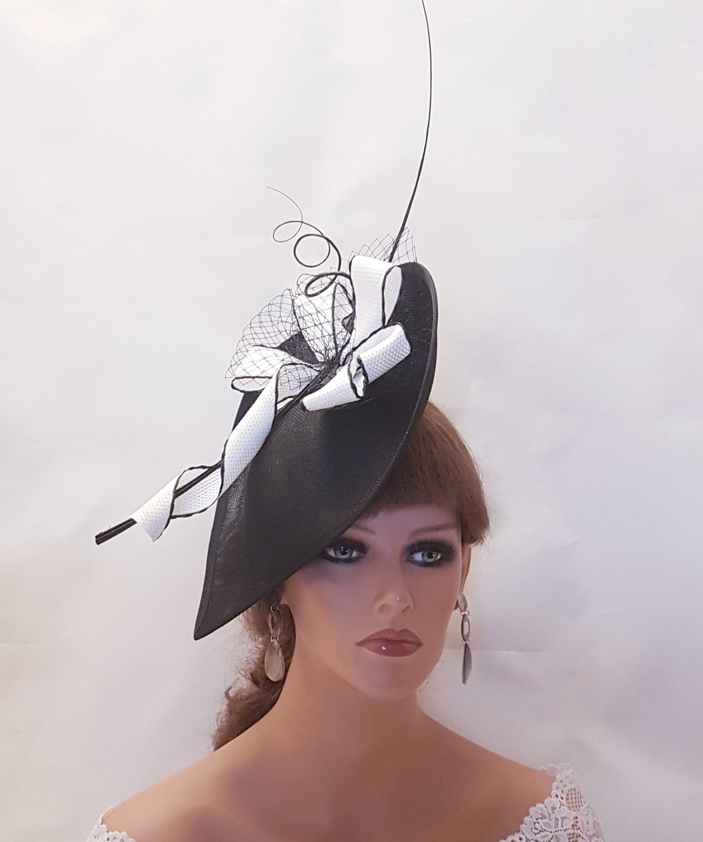 Black & White Teardrop Fascinator Hat, Wedding Ascot Occasion