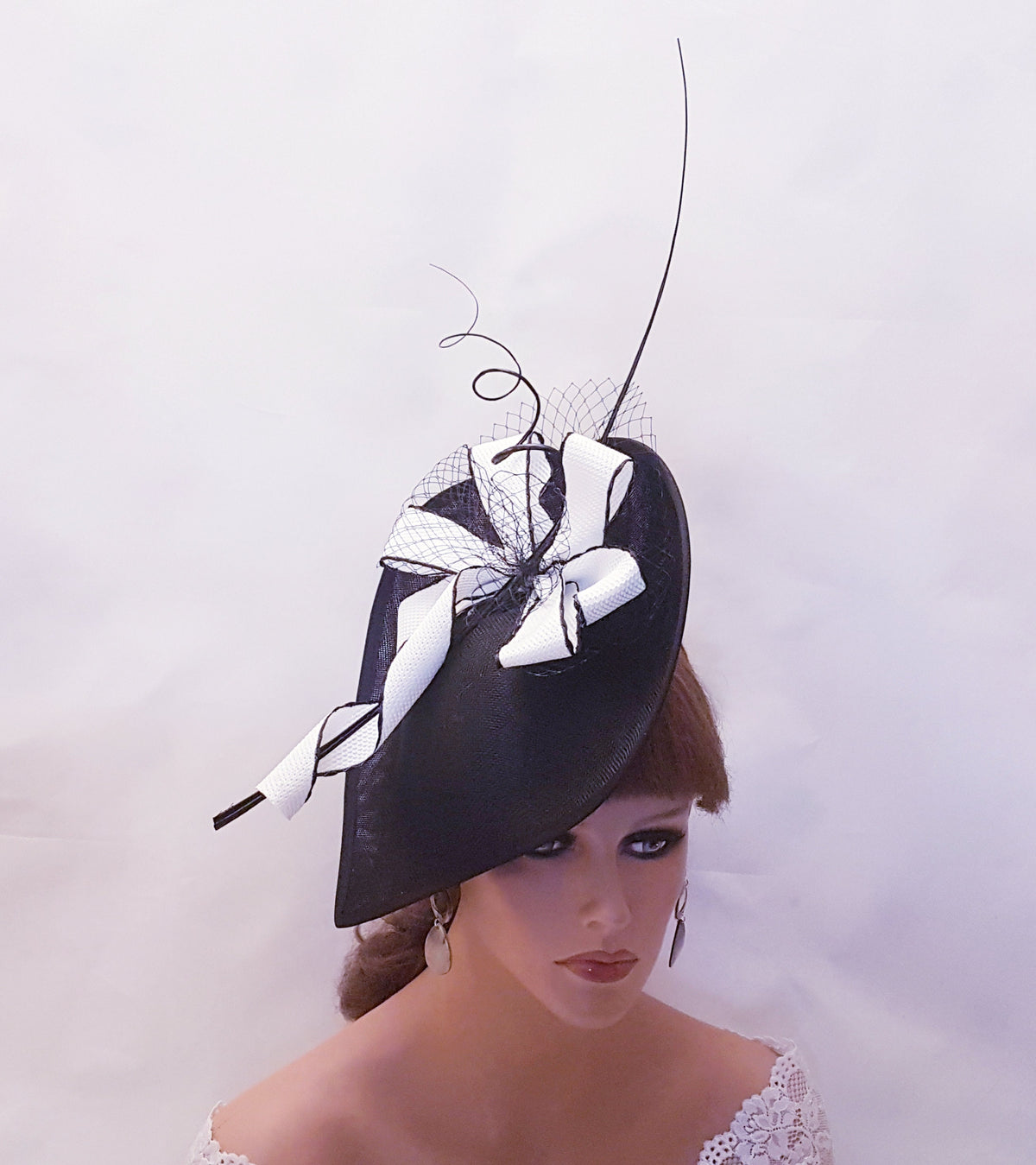 Black & White Teardrop Fascinator Hat, Wedding Ascot Occasion