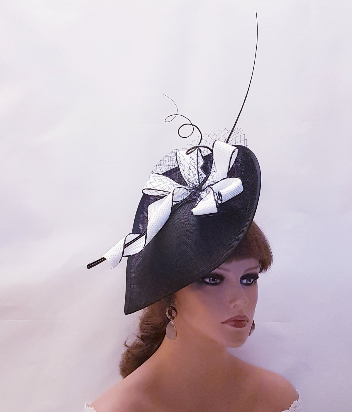 Black & White Teardrop Fascinator Hat, Wedding Ascot Occasion