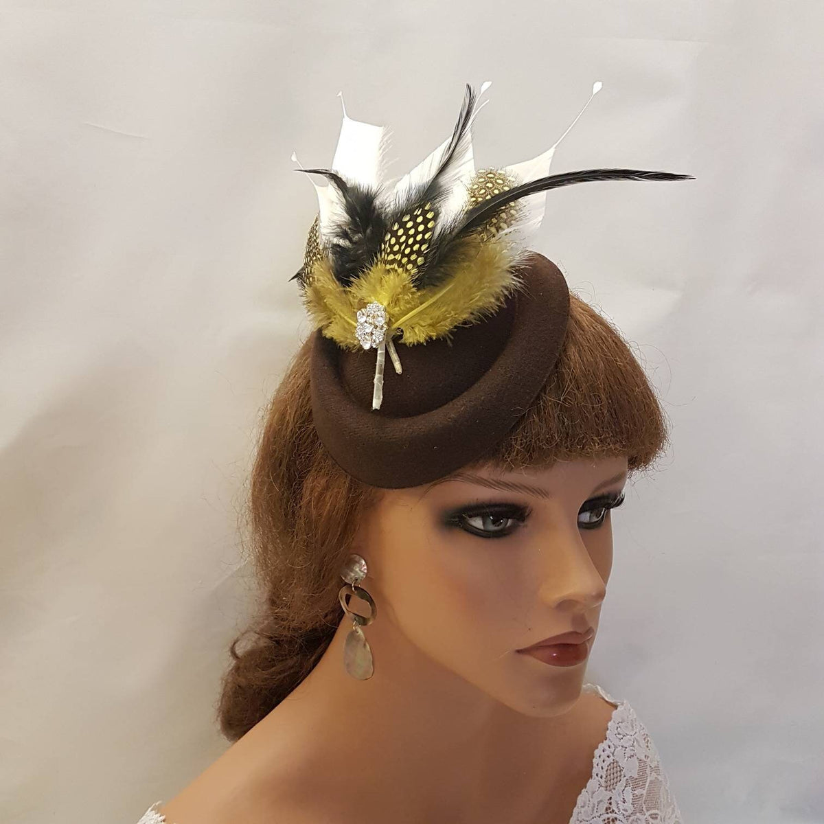 Brown Feather Fascinator Hat: Mustard, Gold, Black, White - Ascot, Wedding