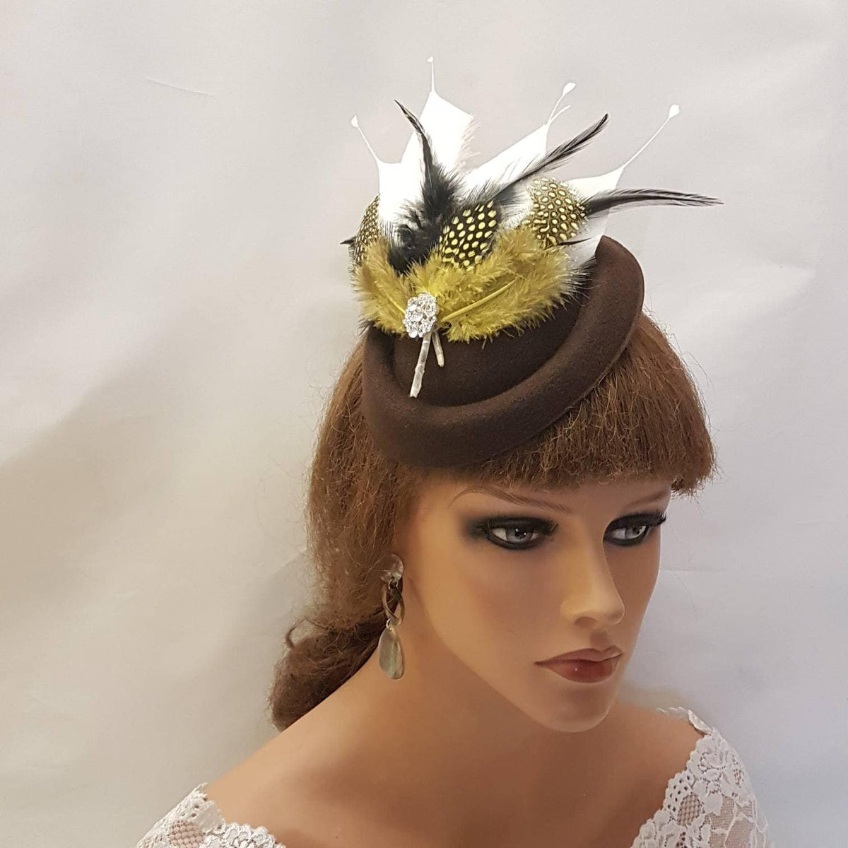 Brown Feather Fascinator Hat: Mustard, Gold, Black, White - Ascot, Wedding