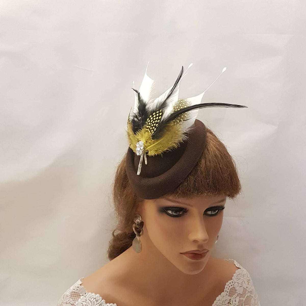Brown Feather Fascinator Hat: Mustard, Gold, Black, White - Ascot, Wedding