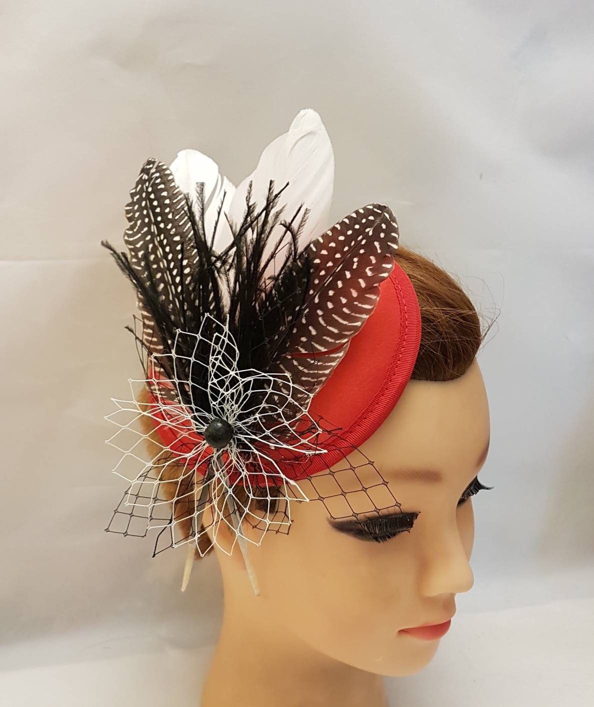 Red Feather Fascinator Hat: French Netting Ascot Headpiece