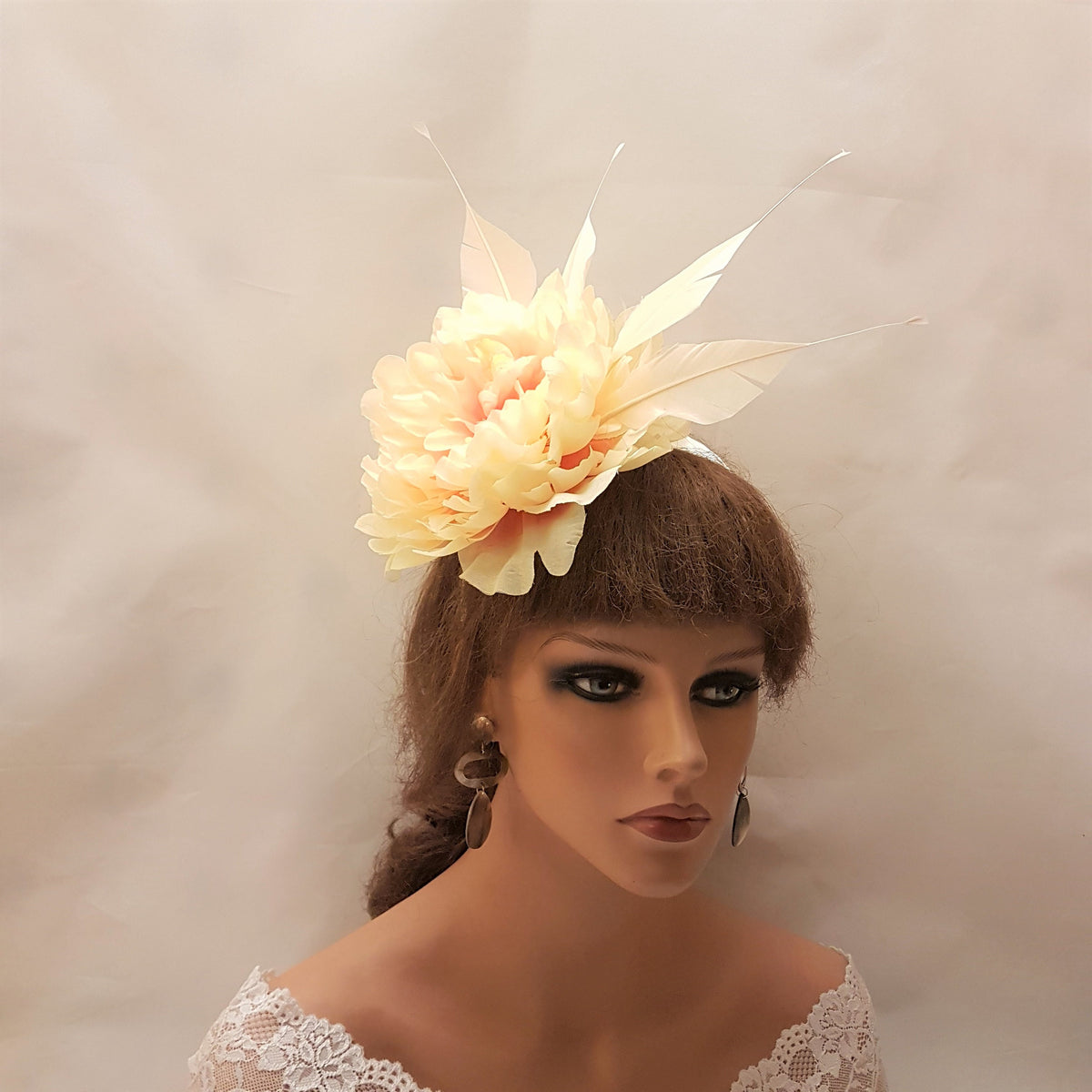 Floral Fascinator Headband, Cream Peach Flower, Feather Headpiece