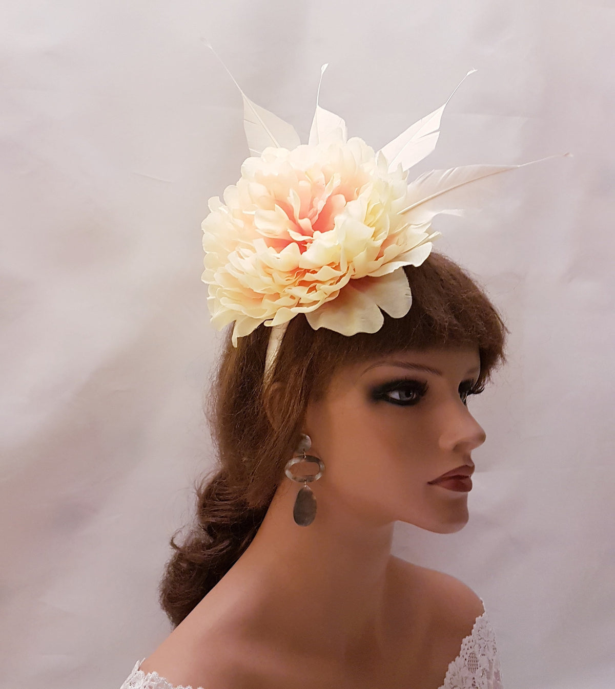 Floral Fascinator Headband, Cream Peach Flower, Feather Headpiece