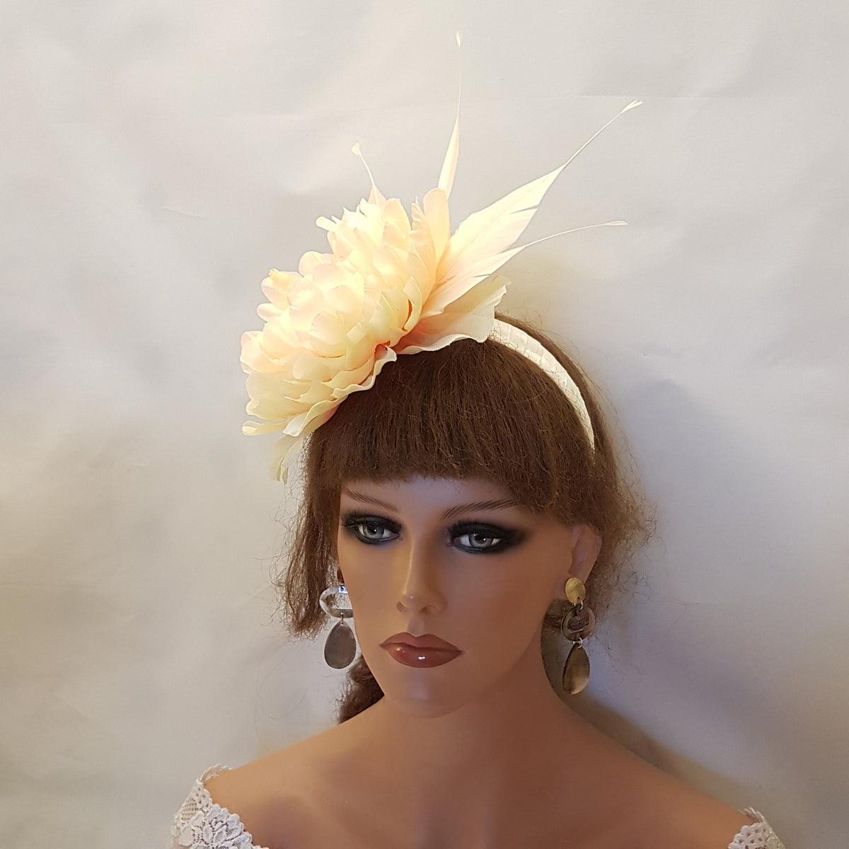 Floral Fascinator Headband, Cream Peach Flower, Feather Headpiece