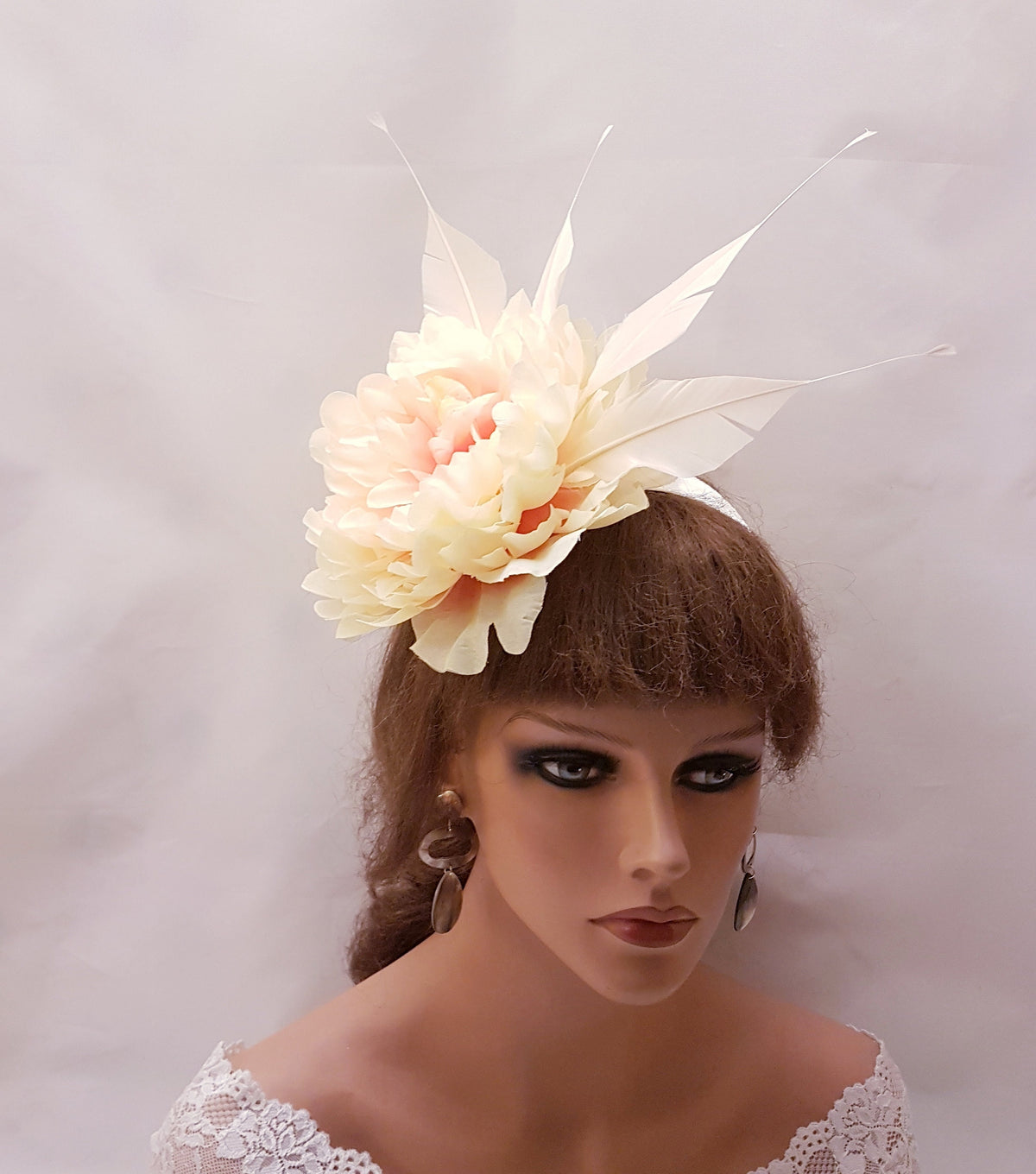 Floral Fascinator Headband, Cream Peach Flower, Feather Headpiece