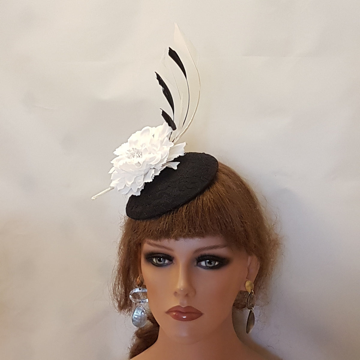Black Lace Fascinator Hat: White Flower & Feathers, Ascot Hatinator