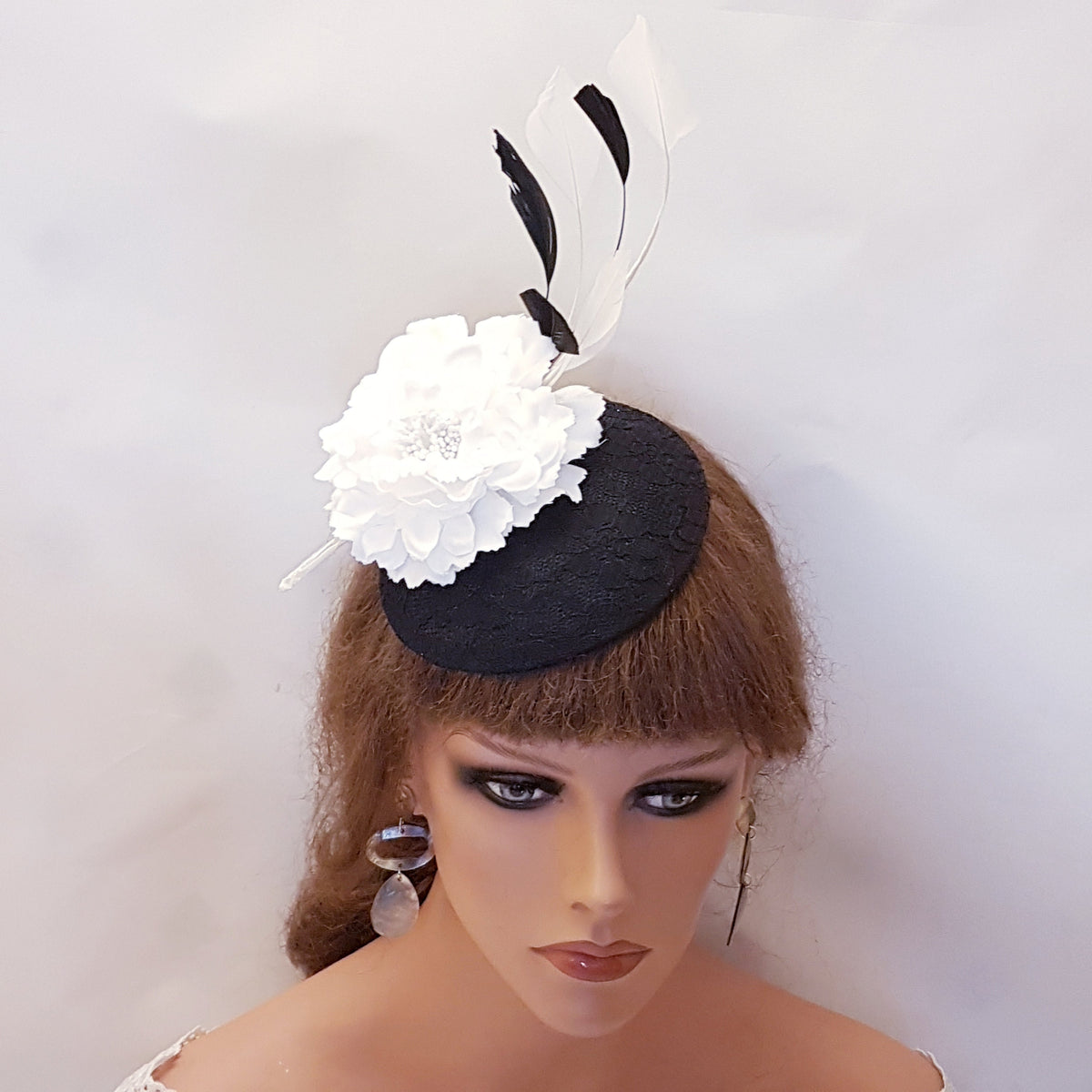 Black Lace Fascinator Hat: White Flower & Feathers, Ascot Hatinator