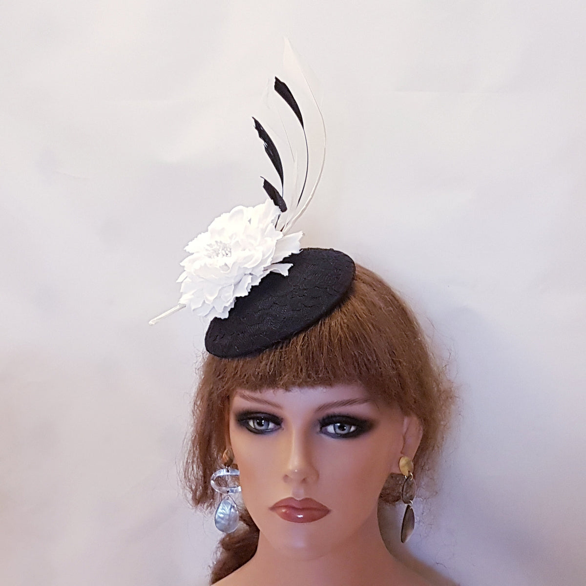 Black Lace Fascinator Hat: White Flower & Feathers, Ascot Hatinator