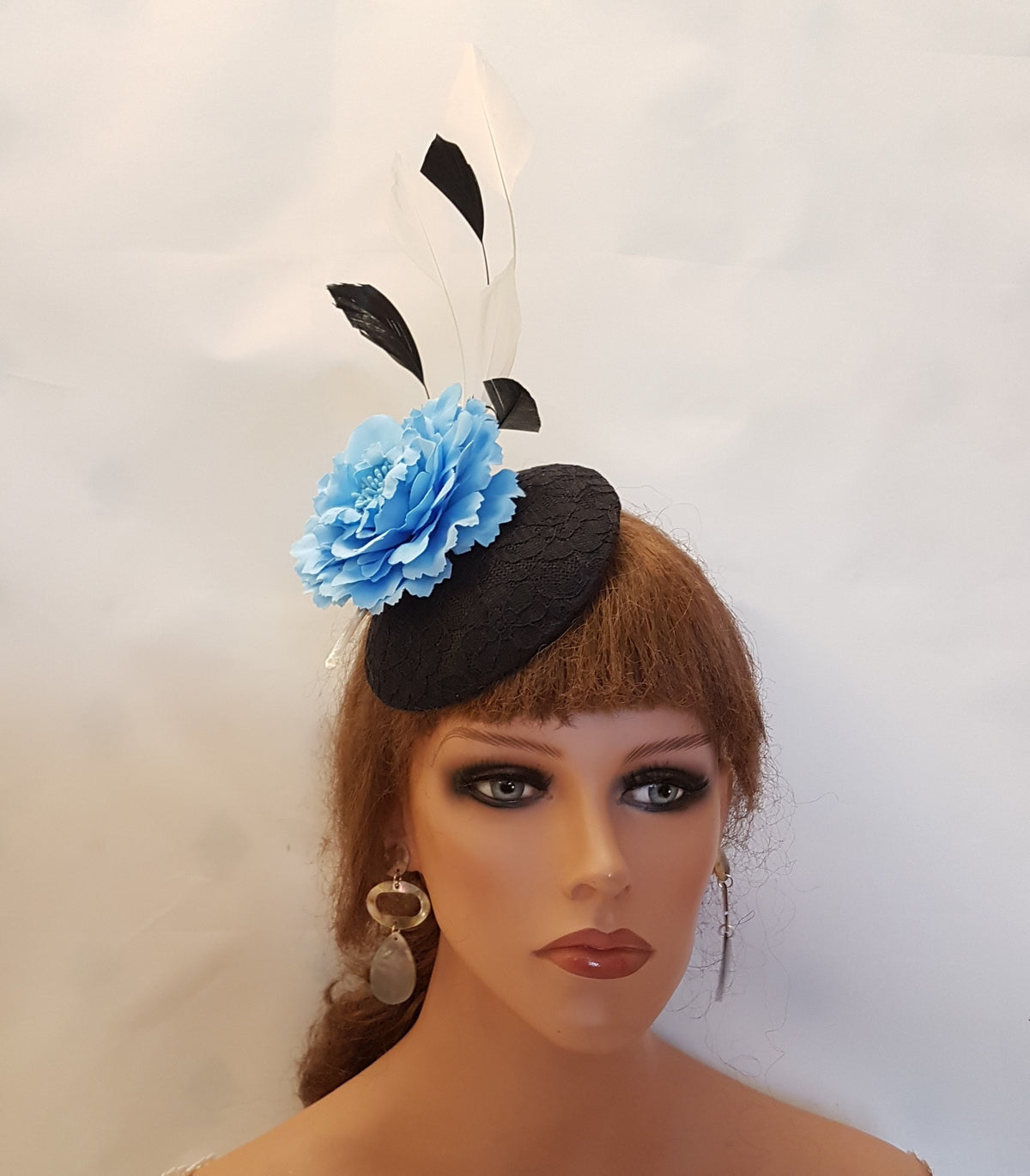 Black Lace Fascinator Hat with Blue Flower & Feathers