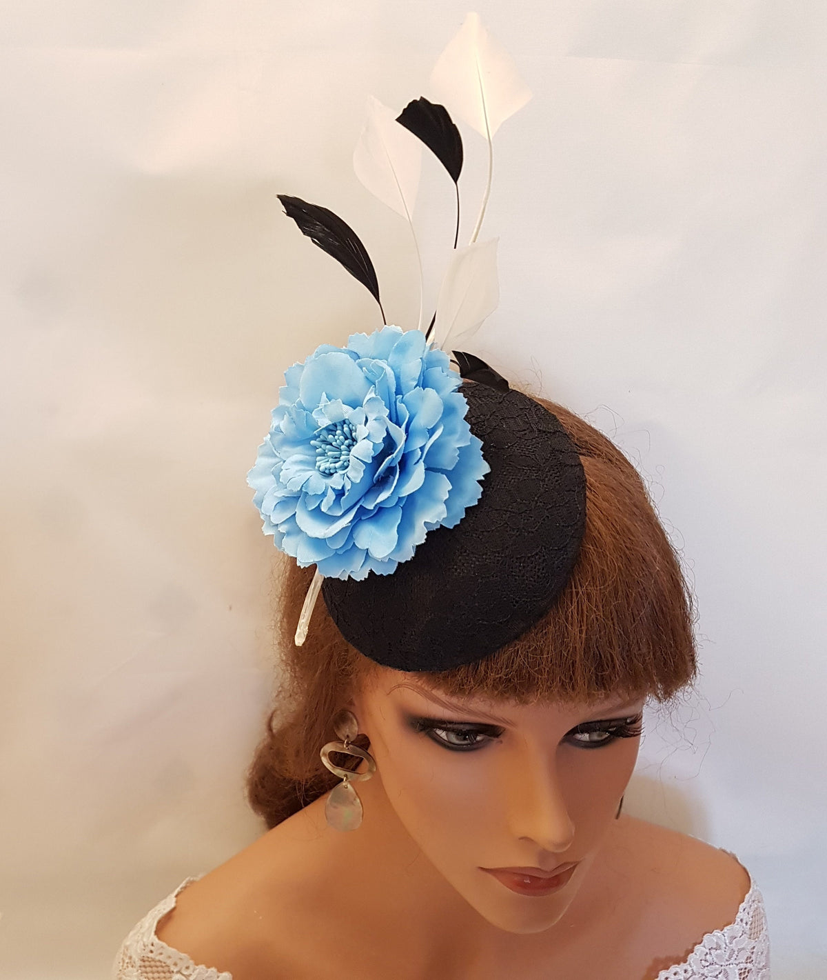 Black Lace Fascinator Hat with Blue Flower & Feathers