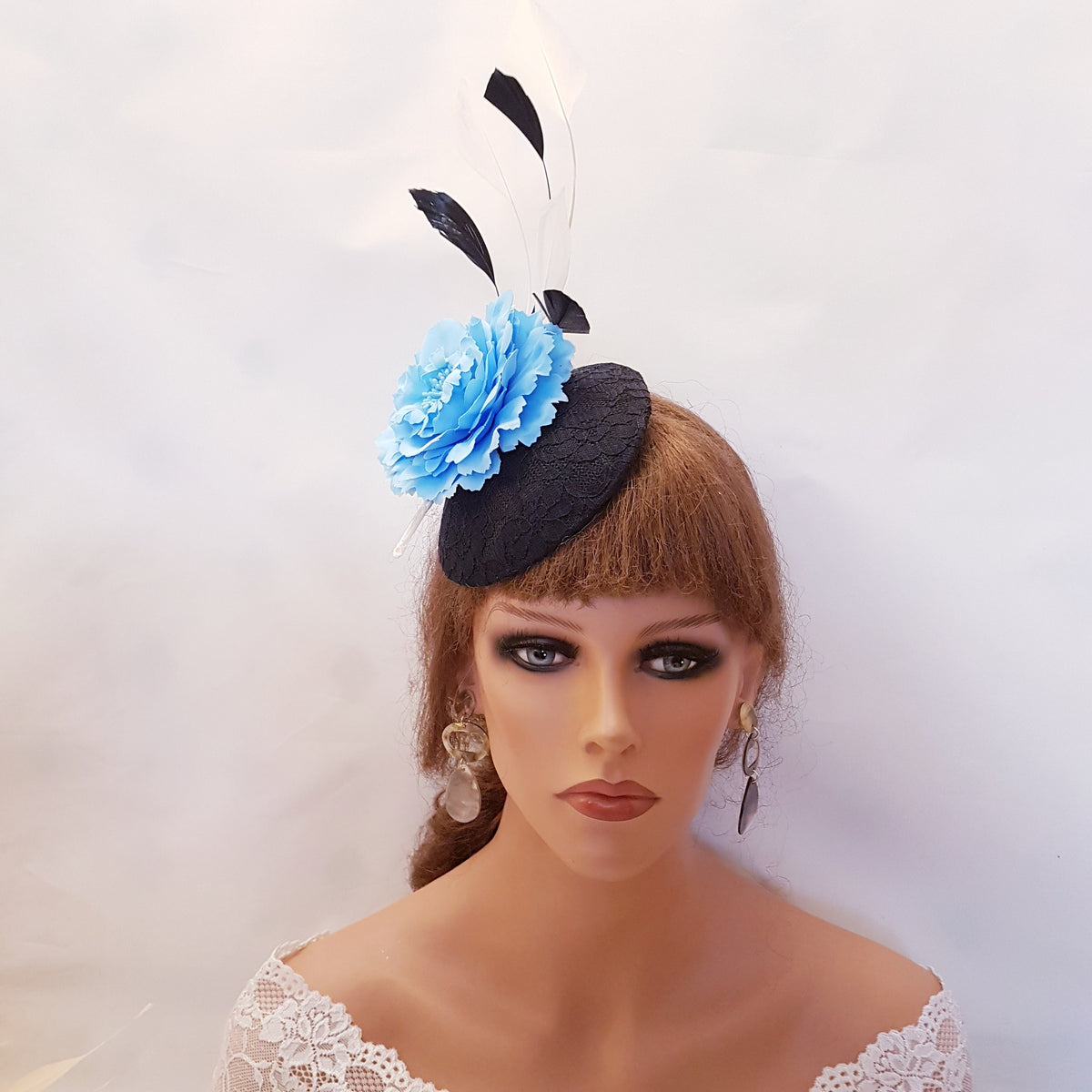 Black Lace Fascinator Hat with Blue Flower & Feathers
