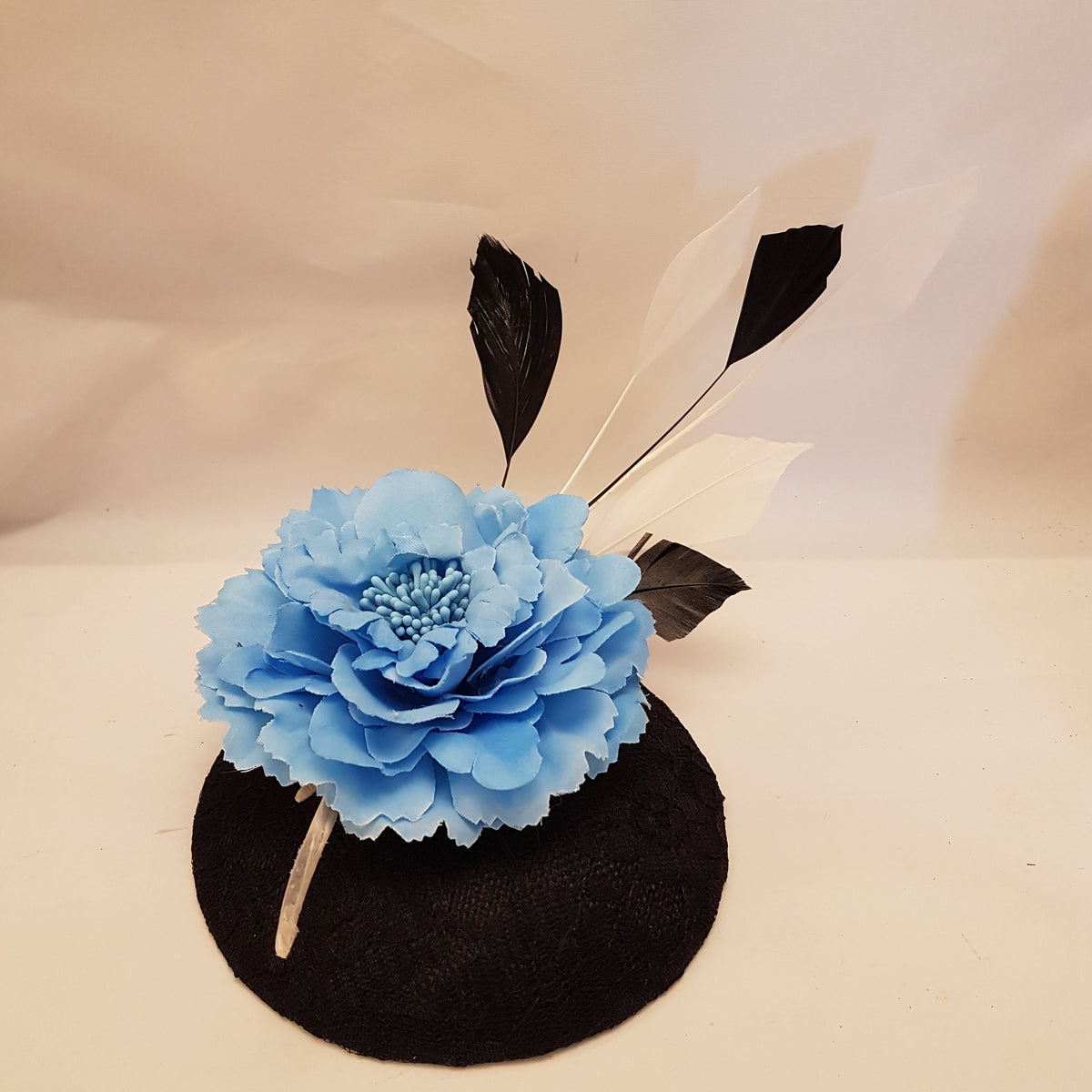Black Lace Fascinator Hat with Blue Flower & Feathers