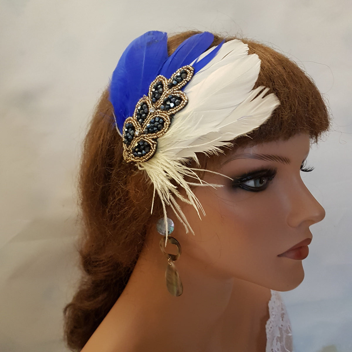 Blue Feather Fascinator: 1920s Gatsby Crystal Hair Piece
