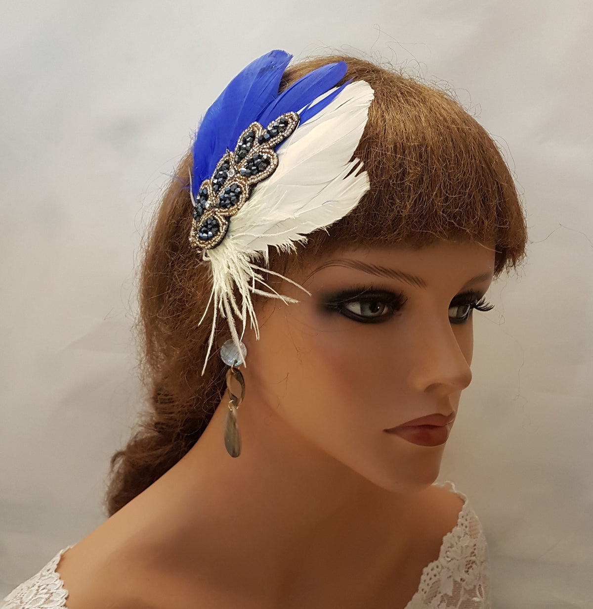 Blue Feather Fascinator: 1920s Gatsby Crystal Hair Piece