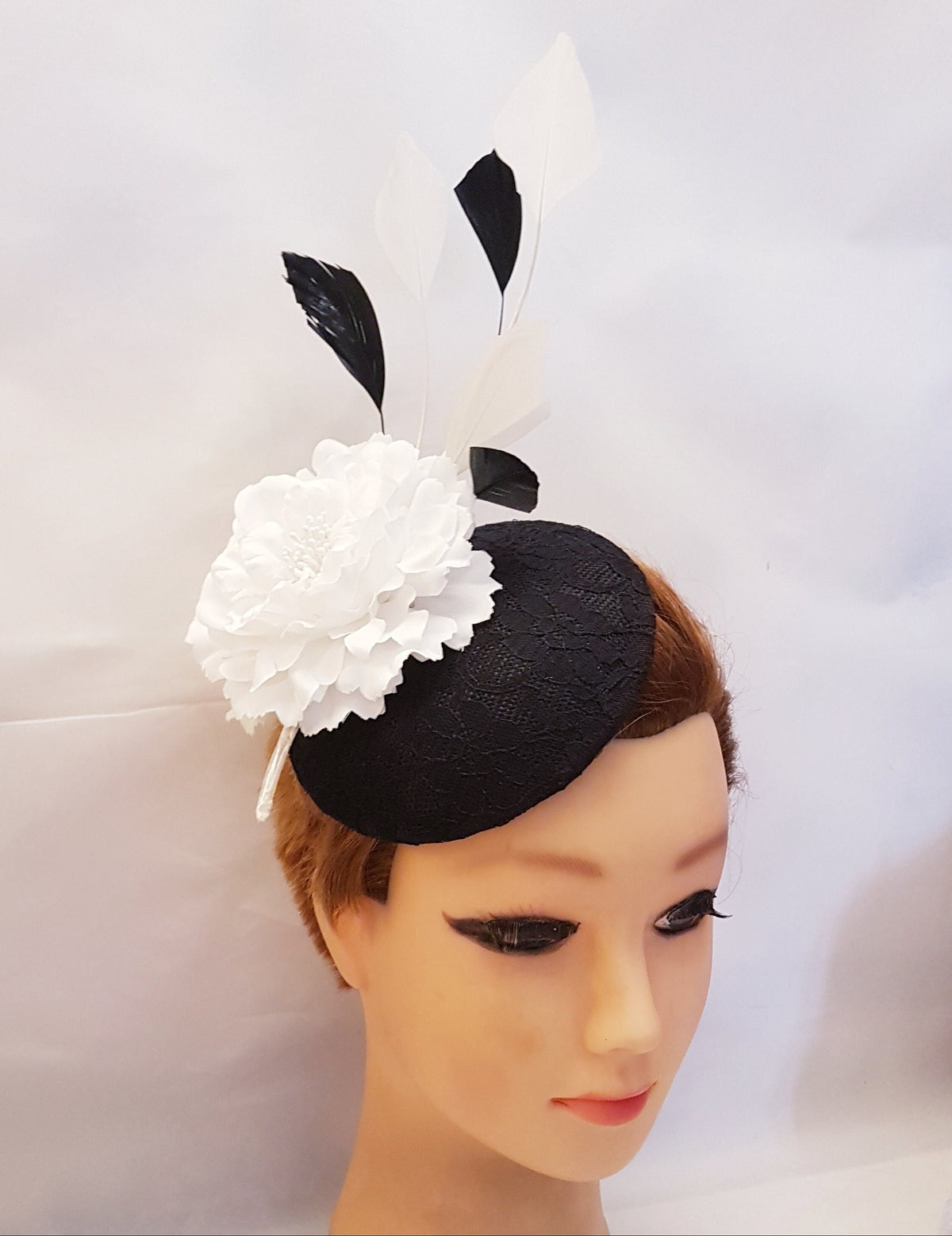 Black Lace Fascinator Hat: White Flower & Feathers, Ascot Hatinator
