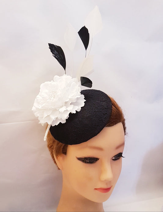 Black Lace Fascinator Hat: White Flower & Feathers, Ascot Hatinator