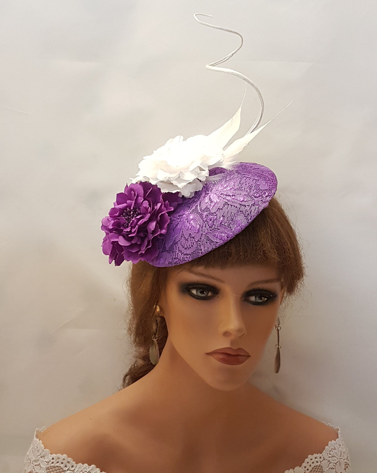 Purple Lace Fascinator Hat, Flower & Quill Feather, Ascot Races