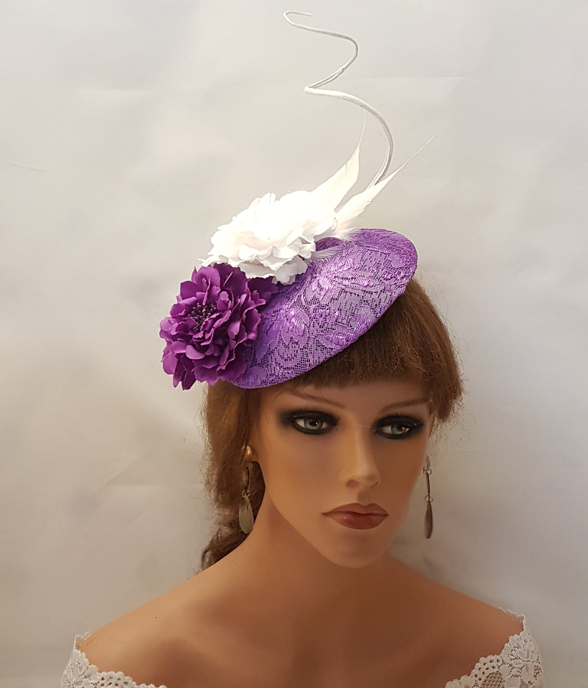 Purple Lace Fascinator Hat, Flower & Quill Feather, Ascot Races