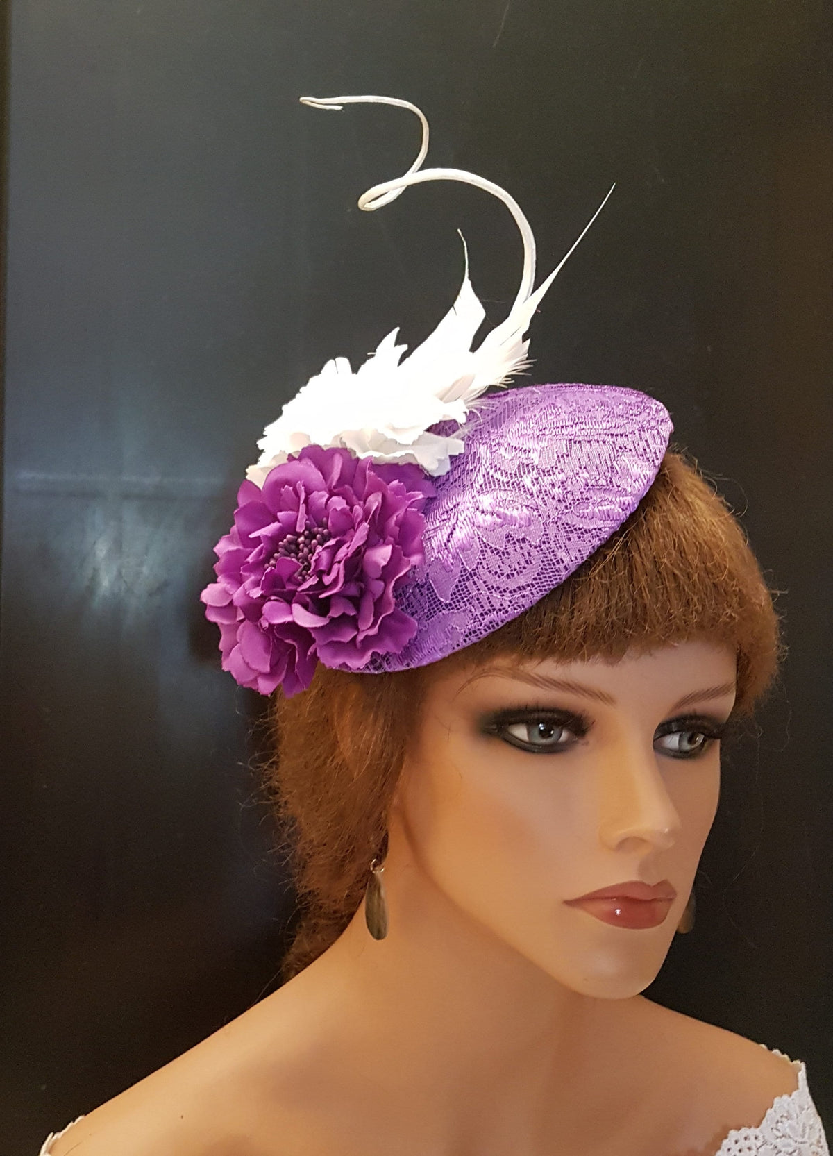 Purple Lace Fascinator Hat, Flower & Quill Feather, Ascot Races