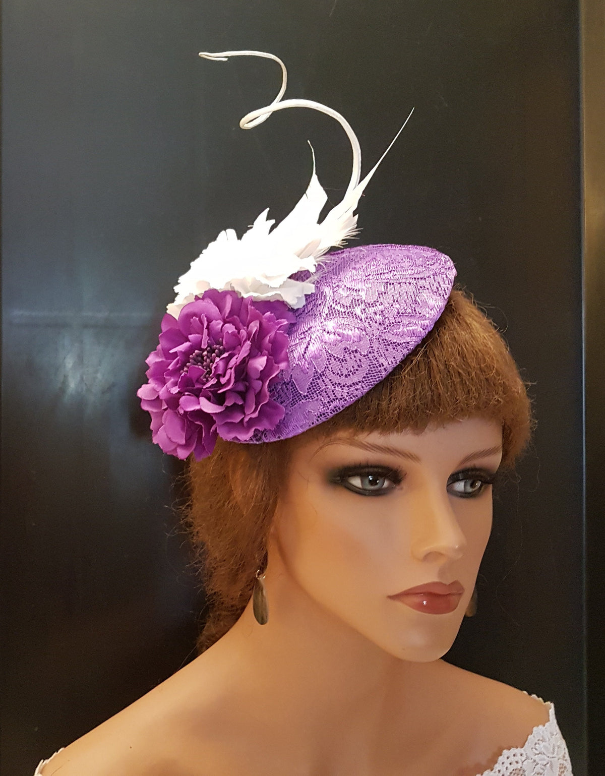 Purple Lace Fascinator Hat, Flower & Quill Feather, Ascot Races