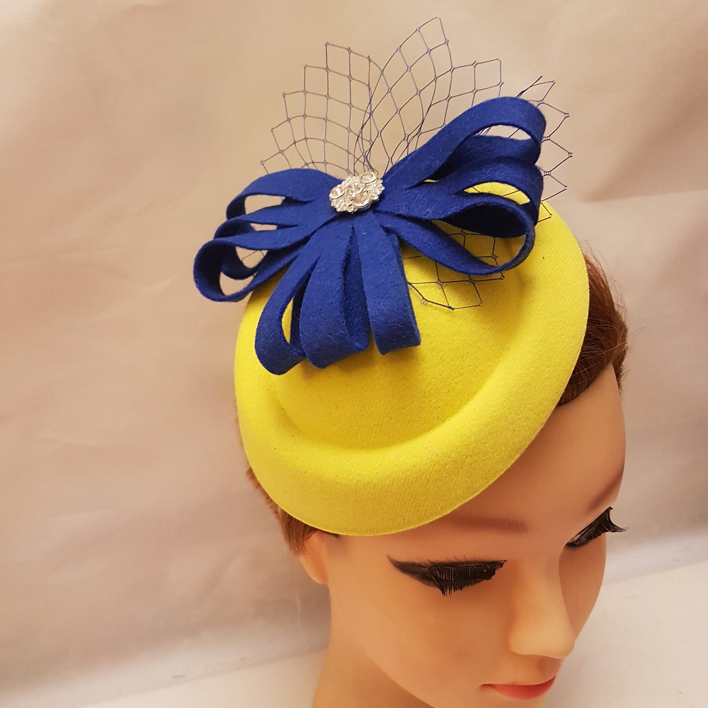 Yellow and blue Pillbox Hat Fascinator: Royal Blue and yellow headpiece. Wedding ,race cocktail party hat
