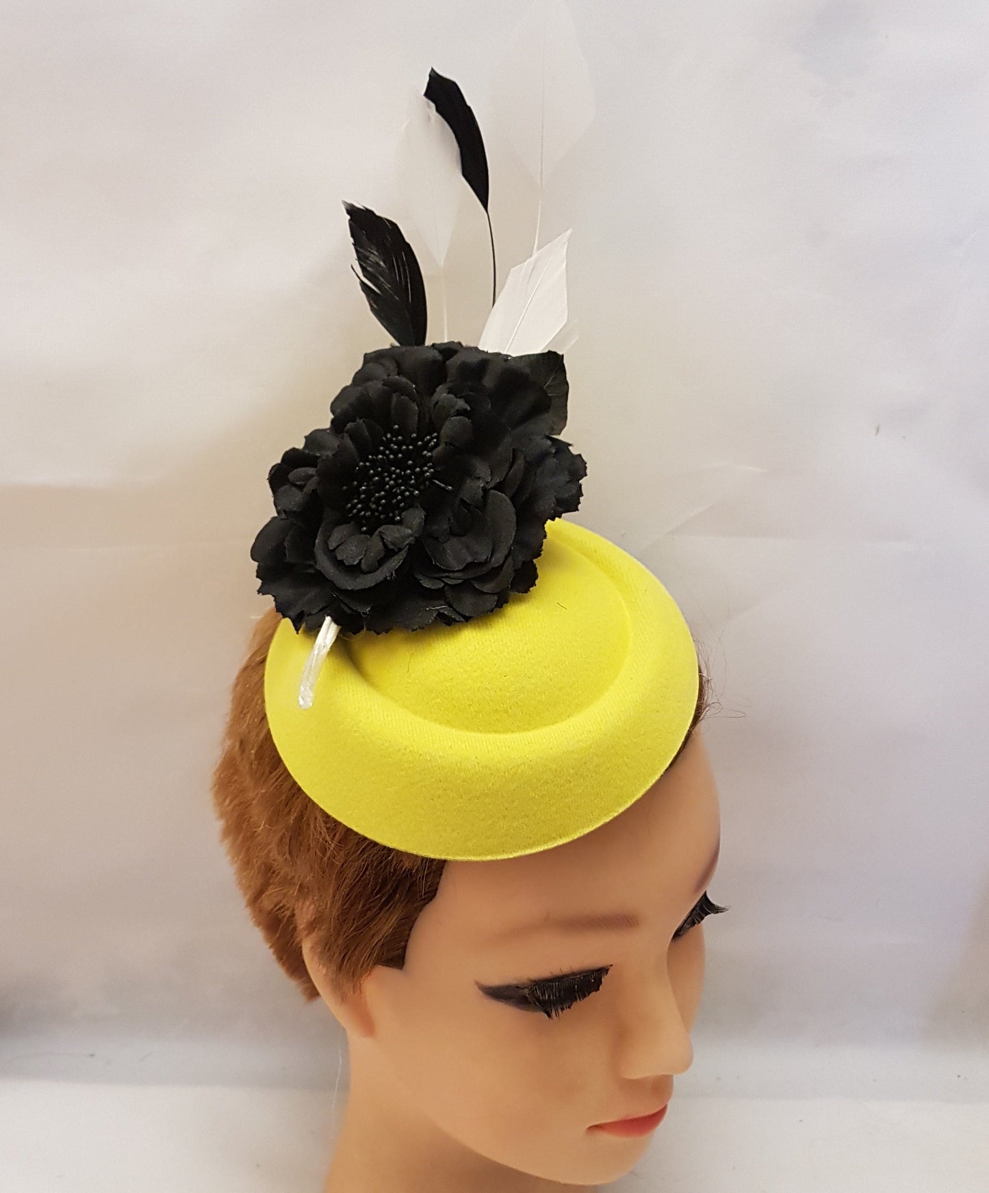 Yellow Fascinator Hat: Black Flower & Feathers, Ascot Race Day Headpiece