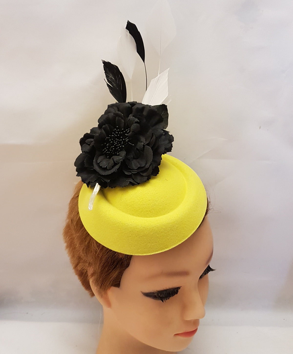 Yellow Fascinator Hat: Black Flower & Feathers, Ascot Race Day Headpiece