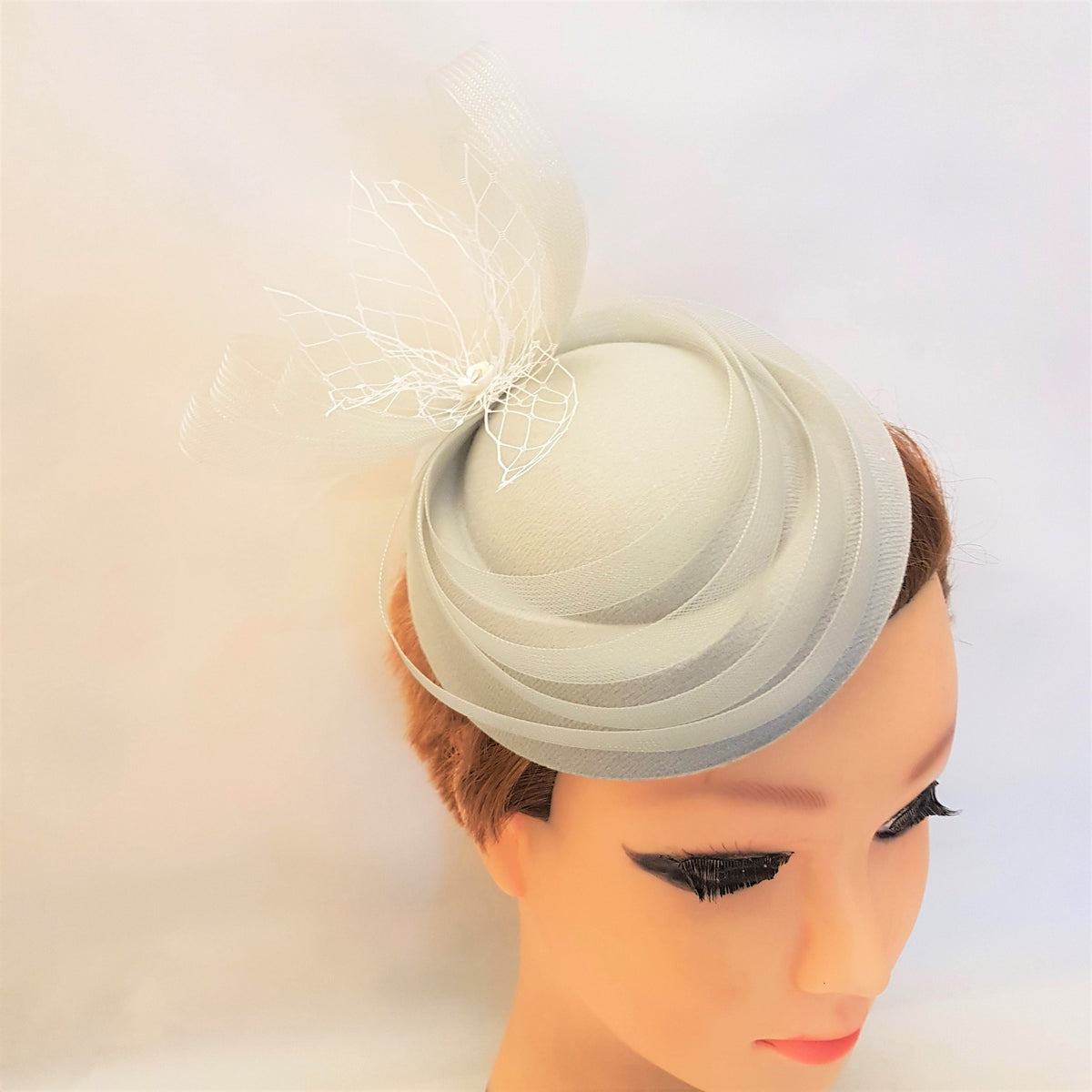 Silver Grey Fascinator Hat, Felt Pillbox, Crinoline Bow, Wedding Ascot Derby