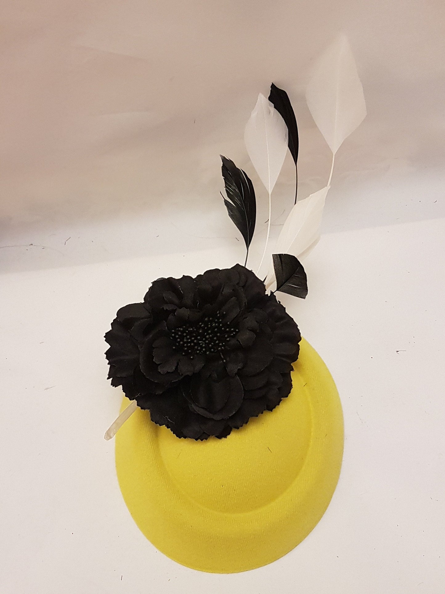 Yellow Fascinator Hat: Black Flower & Feathers, Ascot Race Day Headpiece